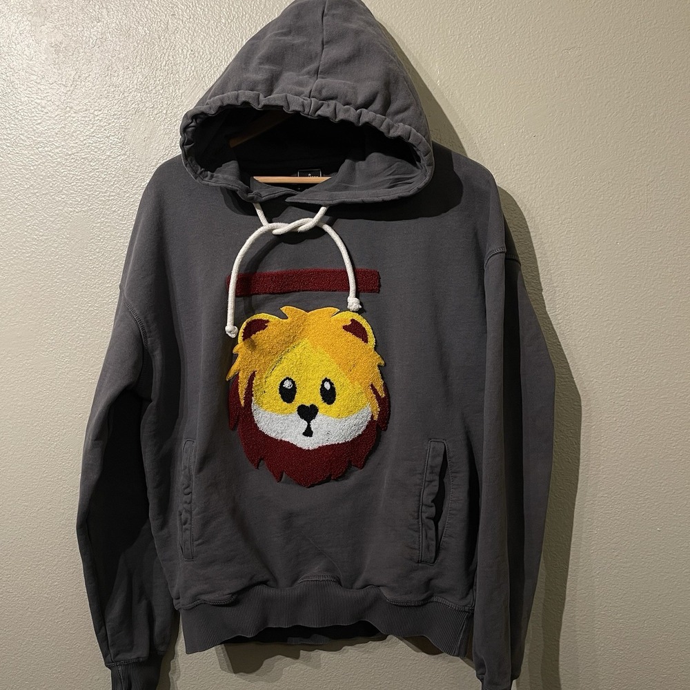 Raw Gear Embroidered Lion Appliqué 3D Hoodie Gray Cotton Size S
